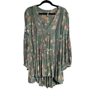 Free People Sage Green Floral Crochet Trim Tunic